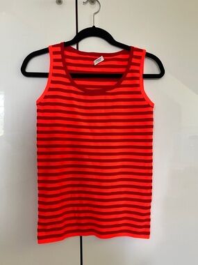 Akris Punto Swiss Striped Bold Neon Orange Red Stretch Sleeveless Knit Top